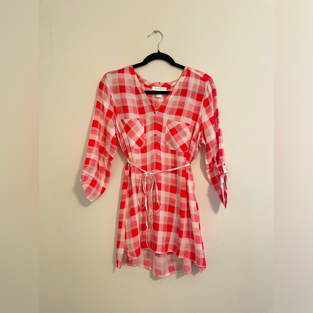Motherhood Maternity White Pink Plaid Front Button Tie V-Neck